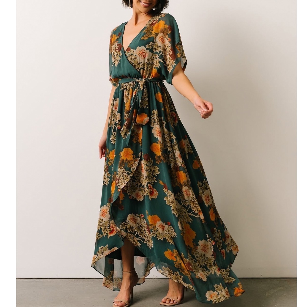 Baltic Born Madeline Teal Floral Maxi Dress V-Neck Flutter Sleeve